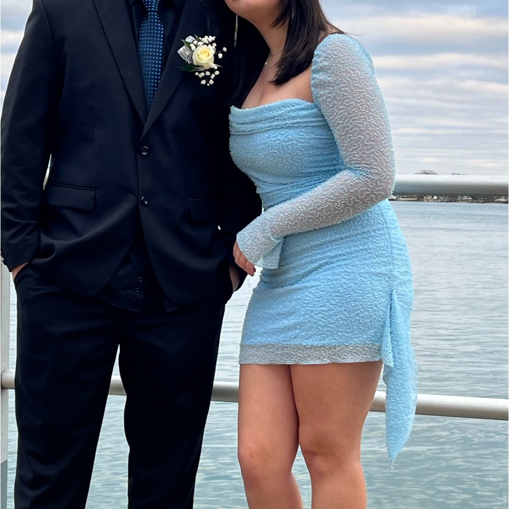 Long Sleeve Embellished Cowl Neck Mini Dress in Blue
